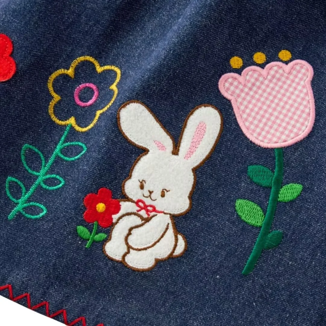 الخريف الفتيات الفاخرة CS الدنيم سترة وتنورة رائعتين الأرنب وعباد الشمس يطبع لينة الدنيم النسيج موضة الاطفال الزي 90-130 #5