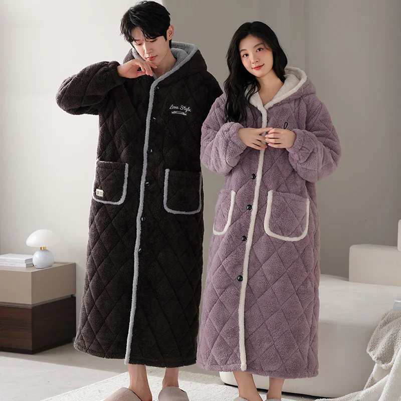 Thick 3 Layer Clip Cotton Bathrobe Men and Women Winter Warm Hooded Kimono Bath Robe Male Dressing Gown