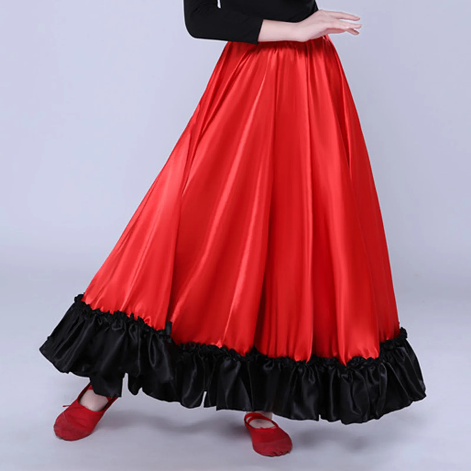 Kids Girls Spanish Paso Doble Matado Skirt Flamenco Latin Dance Stage Performance Costume Big Swing Ruffled Hem Skirt Dancewear