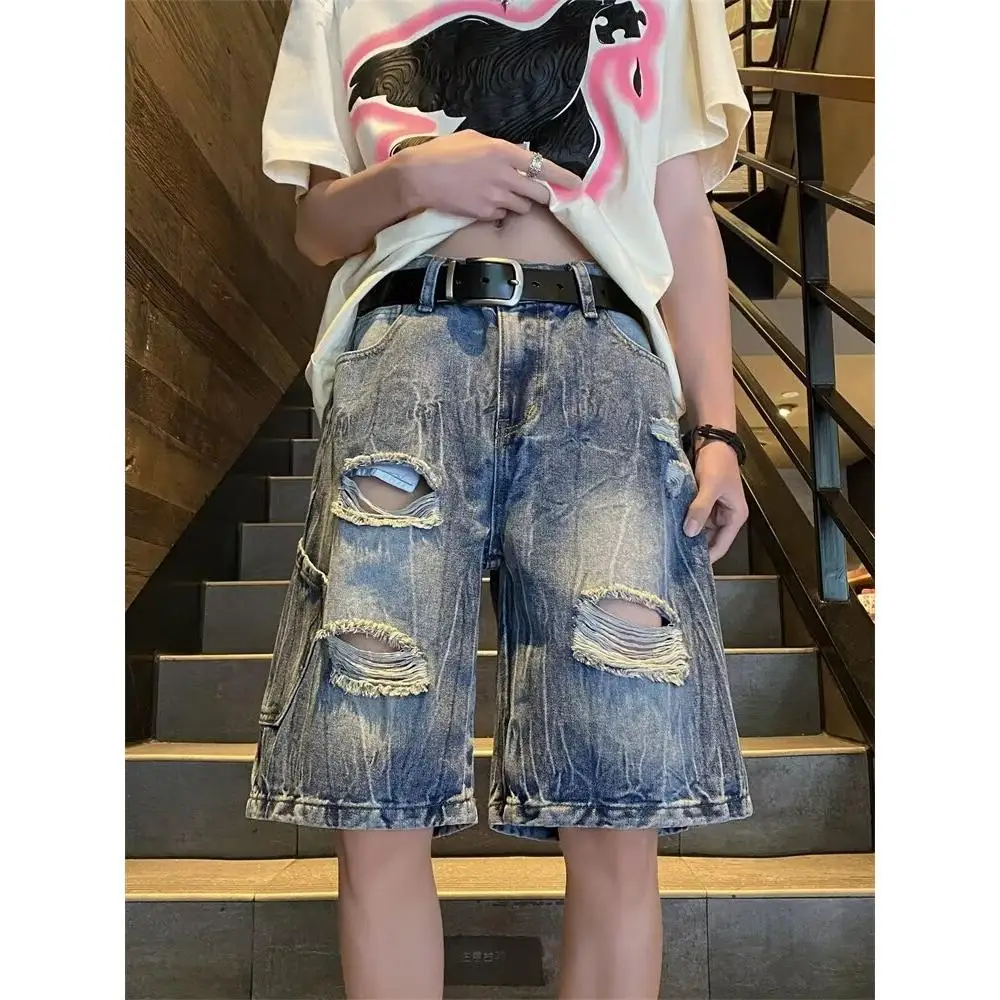 Celana Pendek Denim Robek Celana Lima Kuartal Olahraga Lurus Longgar Serbaguna Pria