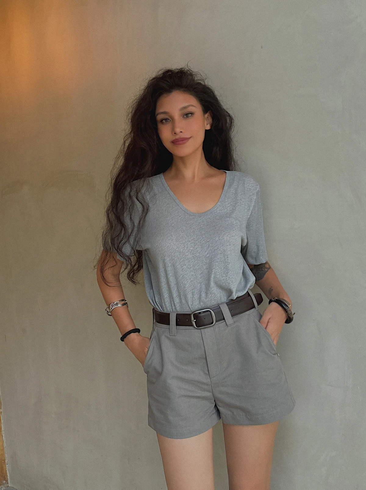 

Limited Edition Casual Waist Belt Style Grey Green Simple Practical Workwear High Waist Straight Leg Cotton Polyester Shorts