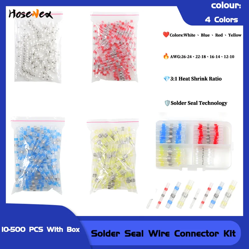 

Heat Shrink Butt Crimp Terminals, Waterproof & Insulated Electrical Cable Splice Solder Seal Wire Connectors Kit 10-500pcs