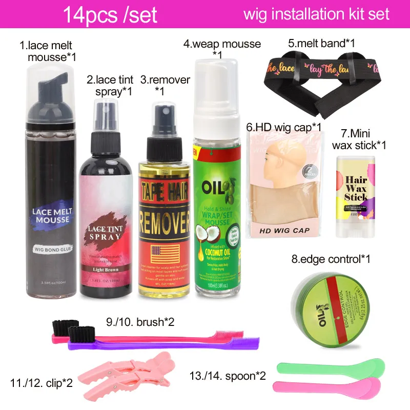 Wig Installation Kit Set 14Pcs Lace Melt Mousse Lace Tint Spray Tape Hair Wrap Set Mousse Hair Wax Stick Edge Control Hair Brush