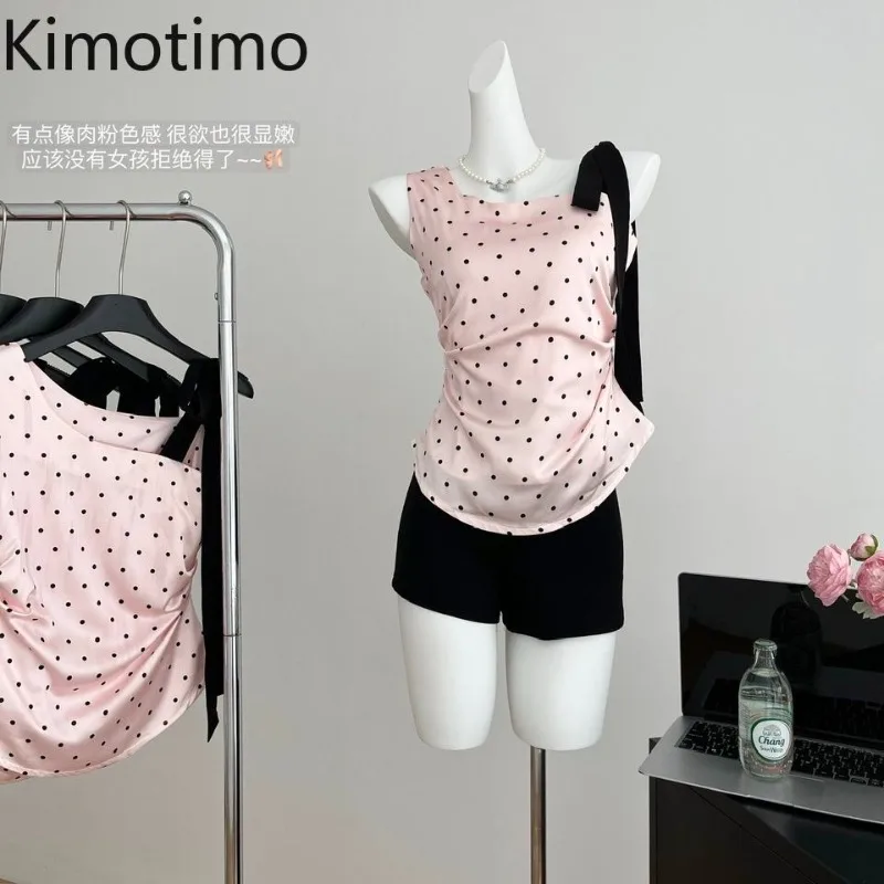 Kimotimo Bandage Off Shoulder Polka Dot Tanks Women Summer Sexy Sweet Slim Waist Crop Top Fashion Spicy Girl Y2k Sleeveless Vest