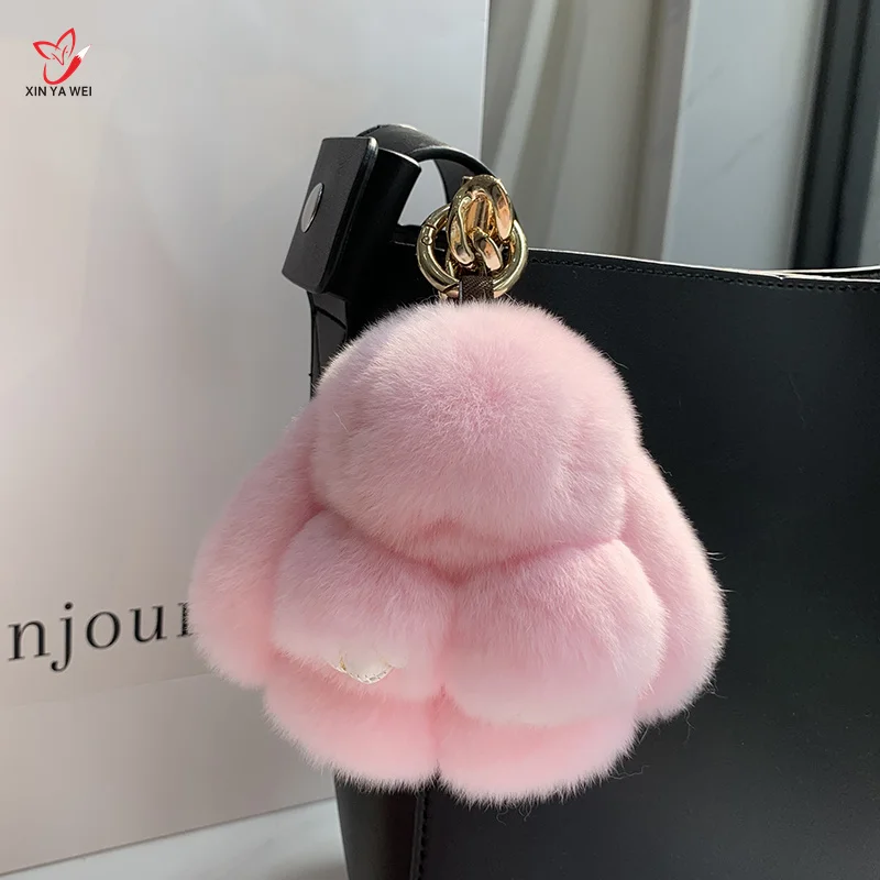 2024 Multicolor Rabbit Keychain Ring Fluffy Real Fur Pompon Bunny Trinket Key Chain Charm Cute Ring On Bag Car Key Pendant