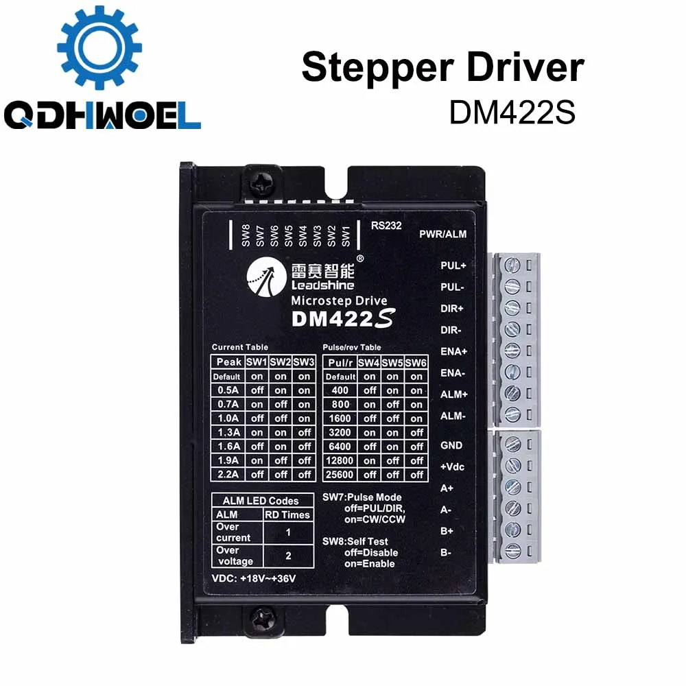 

QDHWOEL 2-Phase Stepper Motor Driver DM422S Supply Voltage 18-48VDC Output 0.3-2.2A Current