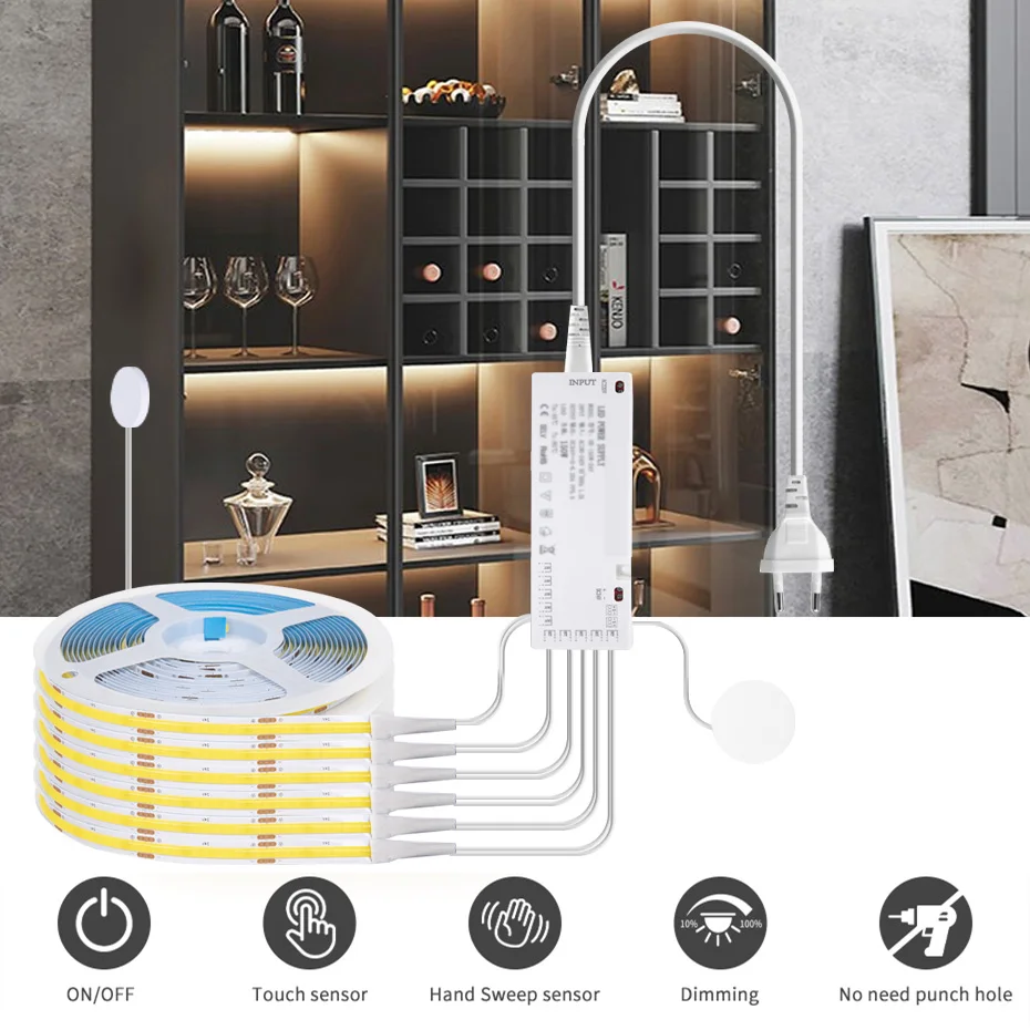

DC12V Cabinet COB LED Strip EU AU UK US Penetrable Touch Dimmable Led Tape For Collection Display Bookcase Wardrobe Closet Lamp
