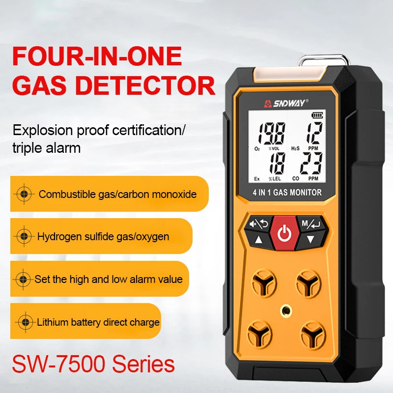 SW-7500A Gas Detector Meter 4 in 1 Oxygen O2 Carbon Monoxide CO H2S Combustible Gas Analyzer Leak Detector Sound Light Alarm