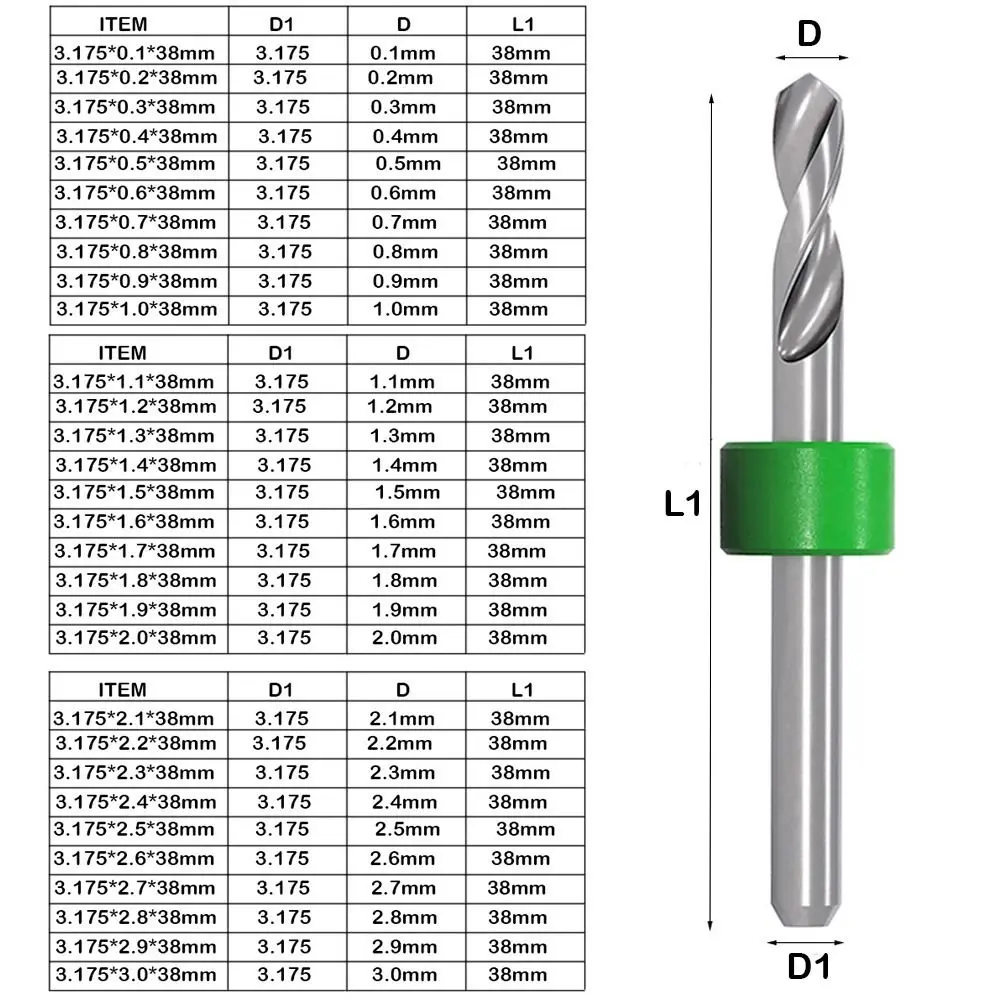 10pcs/set PCB Drill Bit 1.1mm-3.0mm Corn Engraving Cutter 3.175mm Tungsten Steel CNC Milling Cutter for Wood CNC Engraving Bit