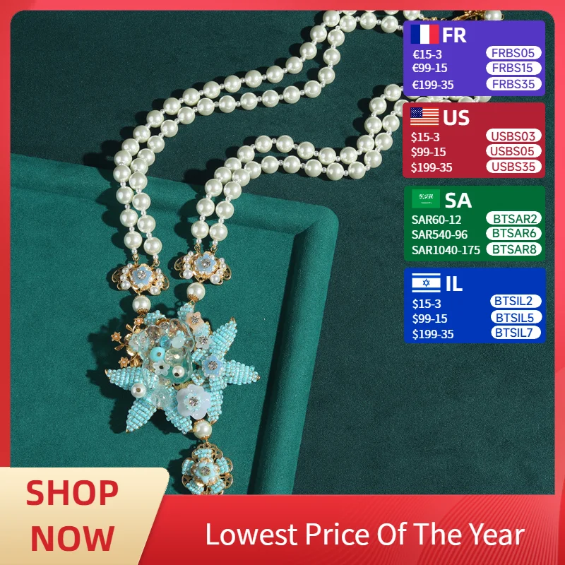 

Vintage Antique Sea Star Layered Jewelry Pearl Necklace Natural Freshwater Pendant Baroque Wedding Collar Accessories For Women