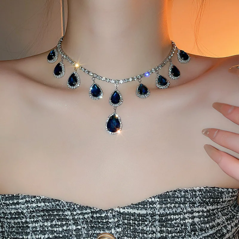 FYUAN Luxury Green Square Crystal Necklace Earrings for Women Dark Blue Water Drop Earrings Wedding Bride Jewelry Sets