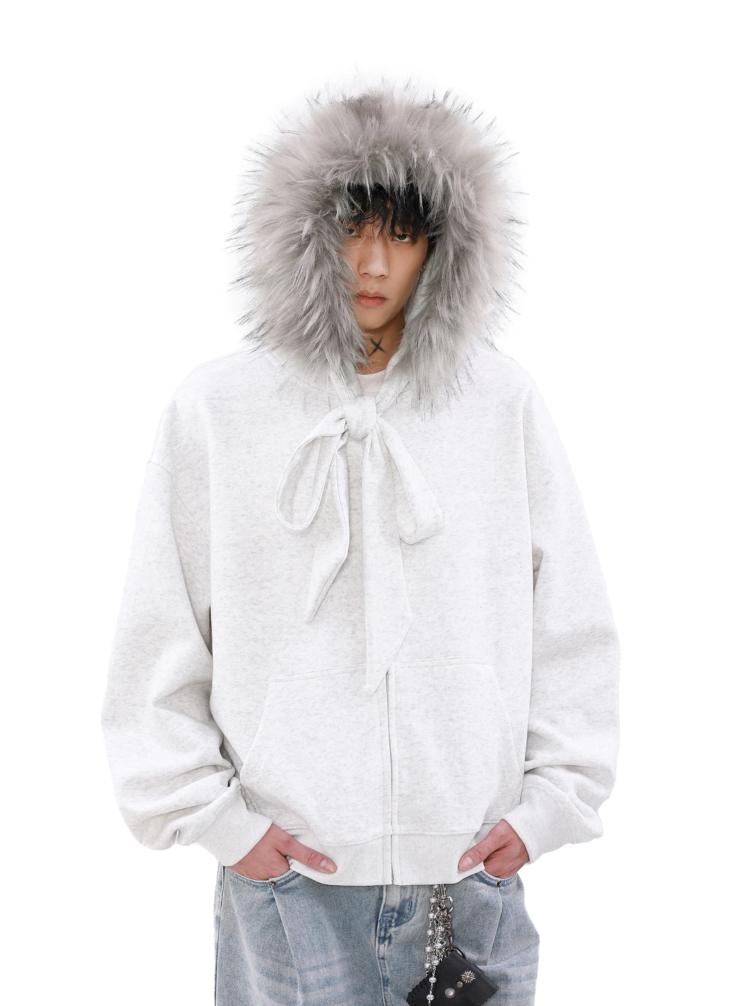 American Fashion Trendy Design Lace-Up Fur Collar Hooded Sweatshirt Stylish Winter Fleece Zipper Cardigan Jacket for Men