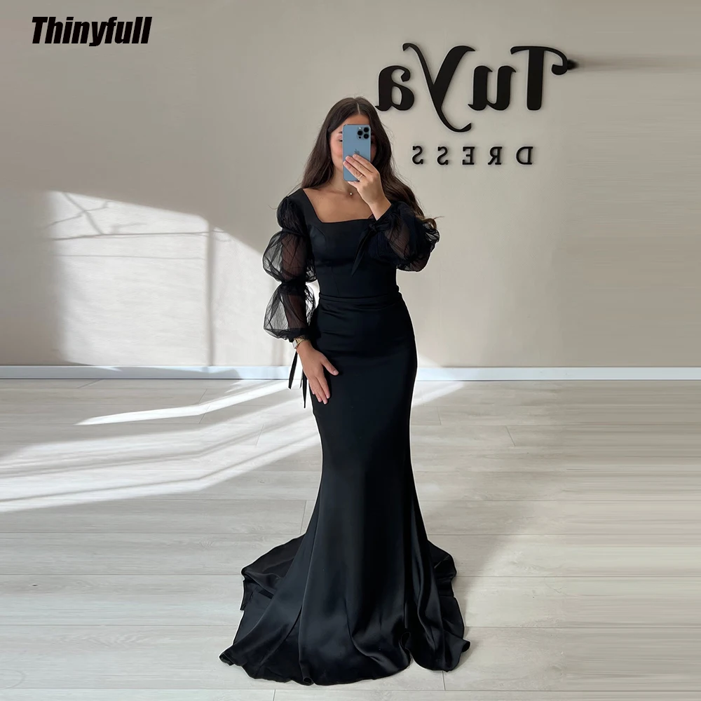 Thinyfull Mermaid Satin Black Prom Dresses Square Collar Puffy Sleeves Evening Party Gowns Floor Length Formal Occasion Dress