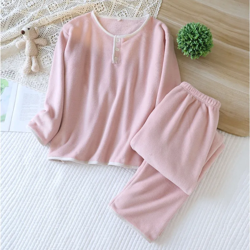 2026 New Autumn/Winter Women's Pajama Set 100% Flannel Round Neck Thickened Solid Color Home Clothes Long Sleeve Two Piece Set