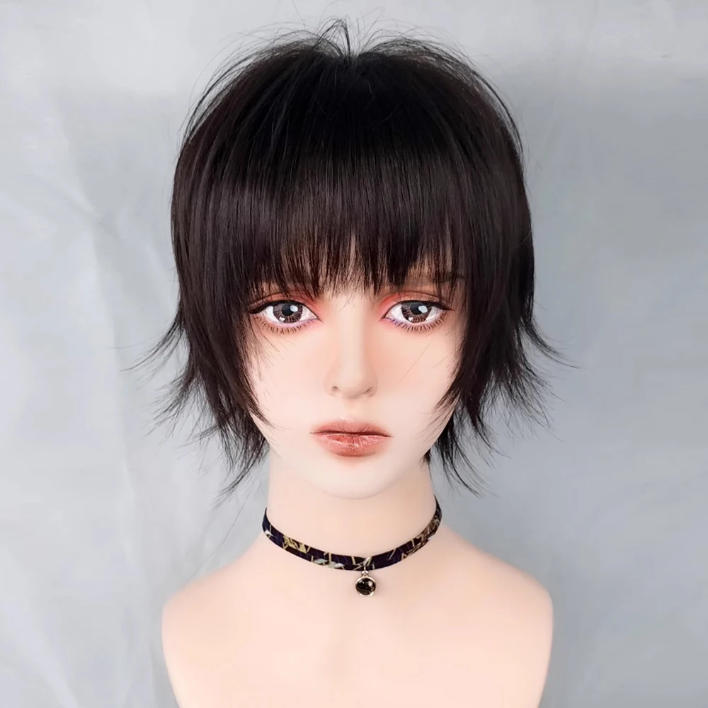 GAKA Black Brown Short Straight Synthetic Men Women Wig with Bangs Anime Cosplay Nature Hair Wig for Daily Party