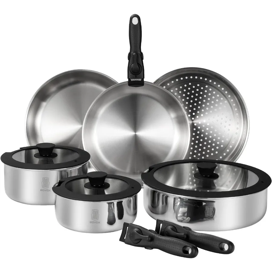 

3-Ply Pots and Pans Set 18/10 Stainless Steel Kitchen Removable Handle Cookware Set PFOA Free Suitable for All Stoves Including