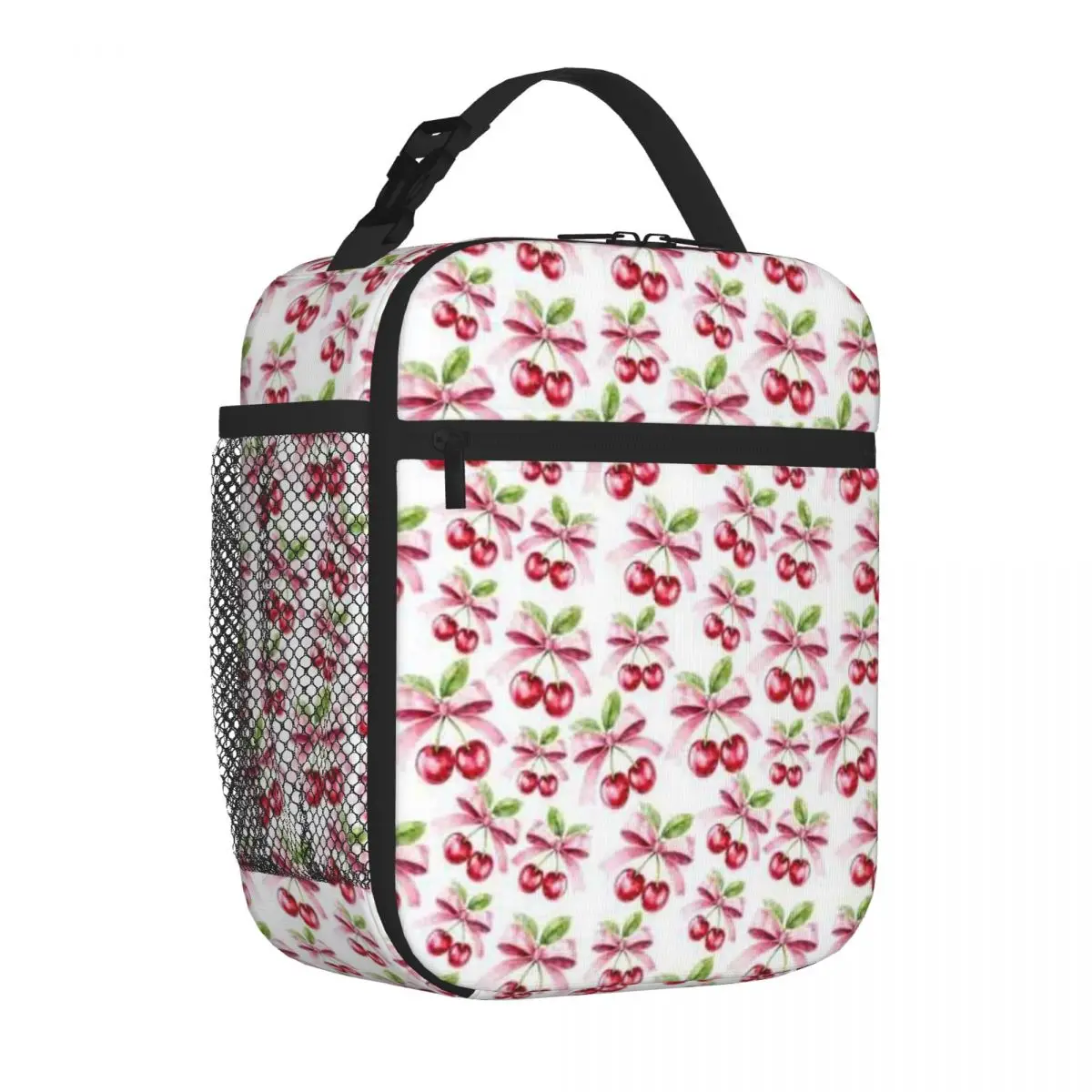 Bestselling Preppy Pink Cherries And Bows Ribbons  Pattern Sweet Style Lunch Box Bag Daily Snack Storage Insulated Food Bag