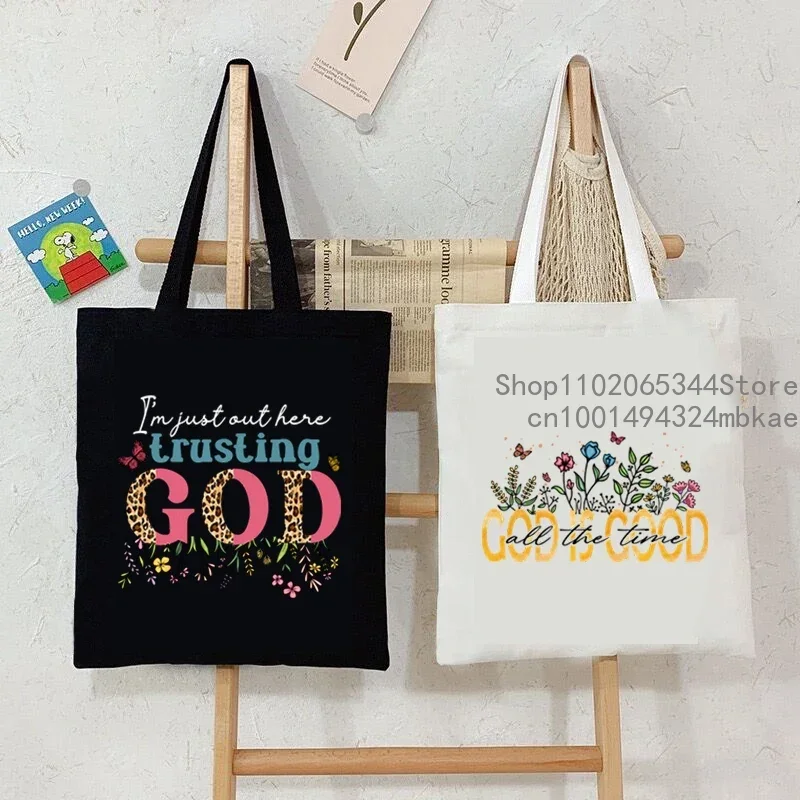 Bolso de mano de lona con estampado "Dios Is Good", bolso de compras de moda con creencia religiosa cristiana, bolsos de hombro florales Vintage