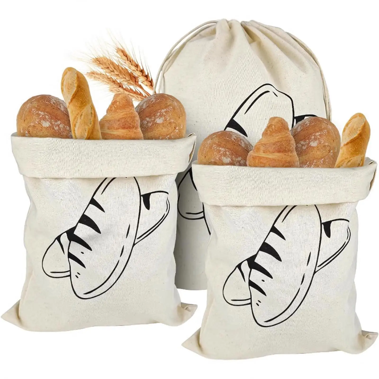 3Pcs Bread Bags with Drawstring Washable Multipurpose Totes Cloth Bags for Cafe Party Supplies Kitchen Household Bakery