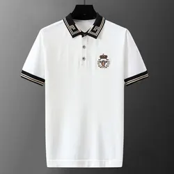 2023 Summer Men Short Sleeve Polo Letter Embroidery Lapel Top Korean Slim Knit Men Polo High Quality Tee Shirt Camisa Hombre