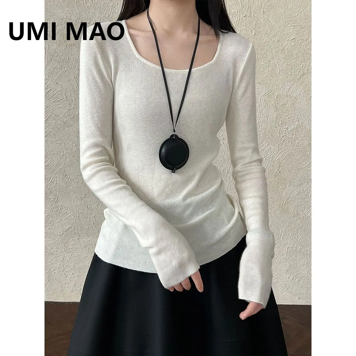 

UMI MAO Korean Style Top U-Neck Slimming Knitted Wool Women's Autumn New Skin-Friendly Soft Base Shirt Femme