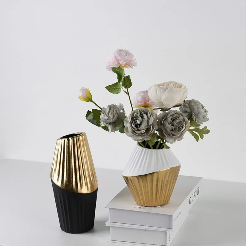 Home Decoration Nordic Simple Oblique Ceramic Vase Black White Gold Flower Arrangement Desktop Crafts Ornaments