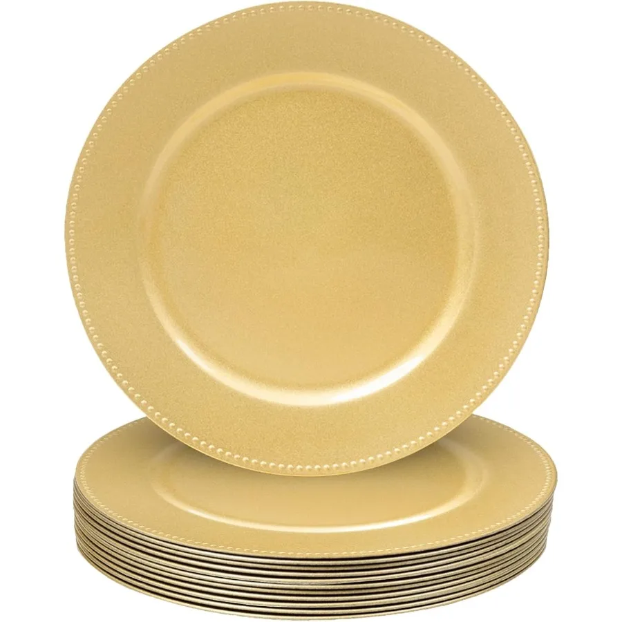 

13" Gold Charger Plates Set of 12 Round Charger for Dinner Plates Plate Chargers with Beaded Rim Plastic Table Chargers for Wed