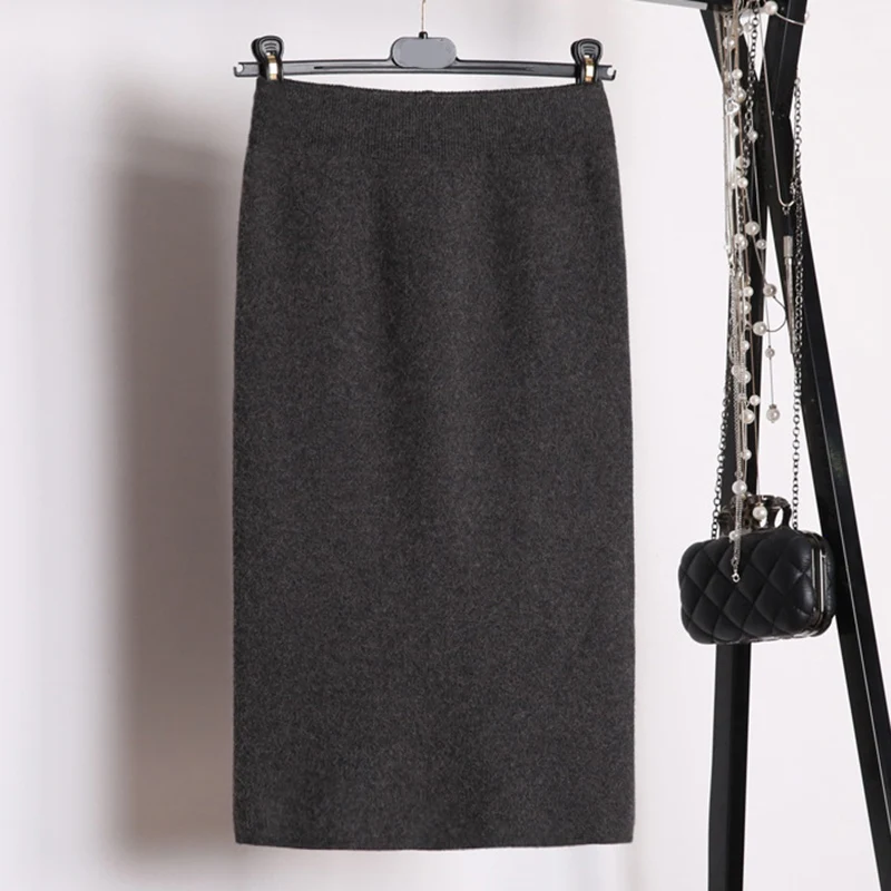 Autumn Winter High Waist Knitted Skirts Women Fashion Split Wrap Hips One Step Skirt Woman Solid Color Elastic Mid Skirts Ladies