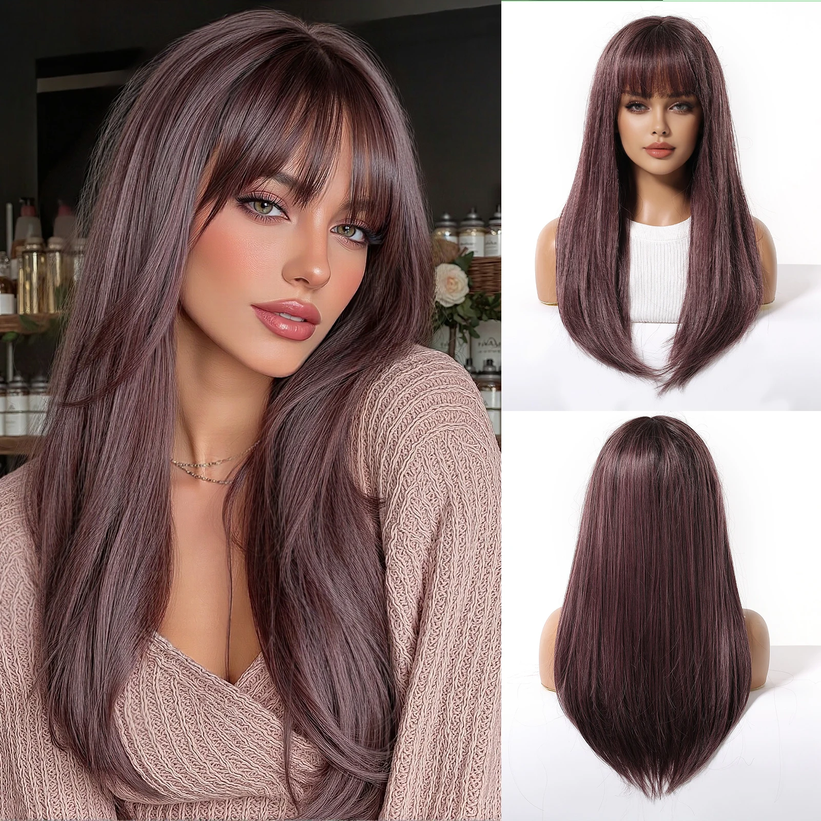 

Long Straight Dark Purple Wig with Bangs for Women Natural Silky Smooth Synthetic Hair Heat Resistant High Density Daily Cosplay
