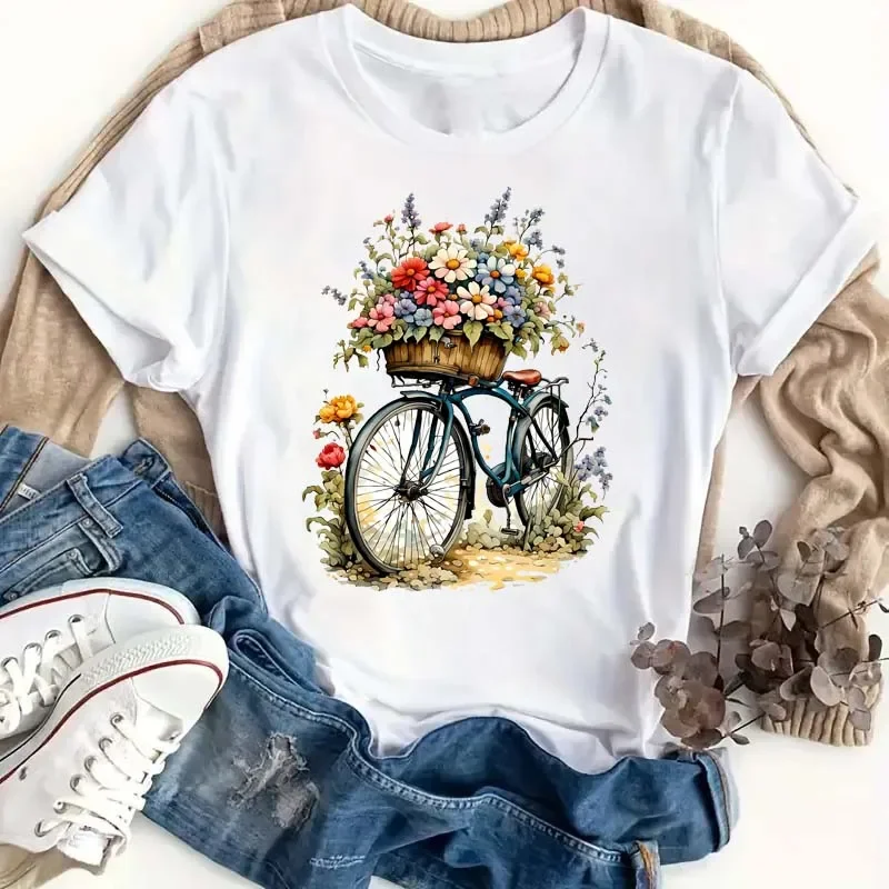 เสื้อยืดผู้หญิงแฟชั่นลายดอกไม้พิมพ์ลายจักรยาน เสื้อยืดแขนสั้นคอกลม เสื้อยืดลำลองสำหรับผู้หญิง เสื้อผ้าท็อปส์