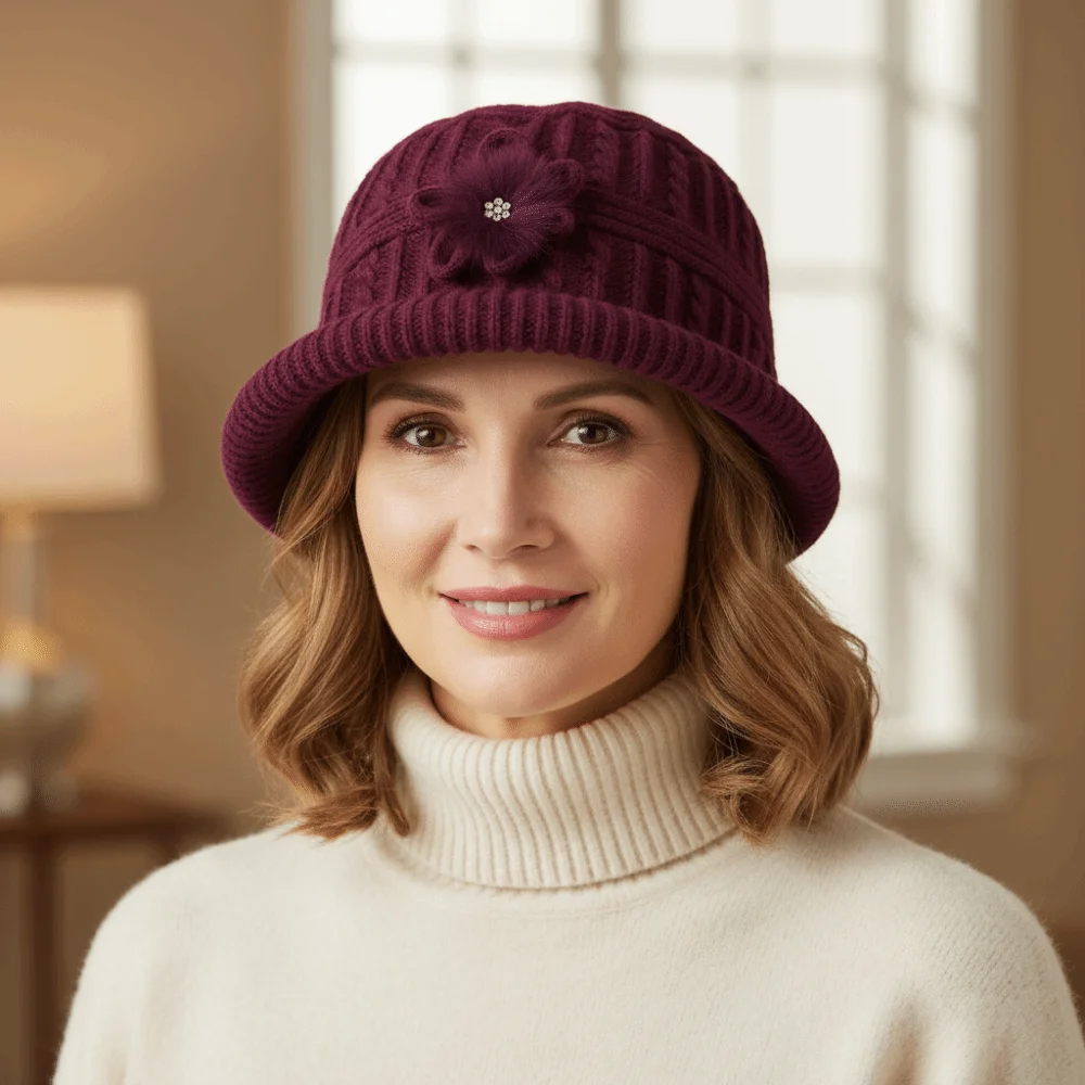 الرجعية زهرة الأزهار محبوك قبعة بحافة أفخم اليدوية قبعة صوفية الكروشيه سميكة الدافئة صياد قبعة الأم