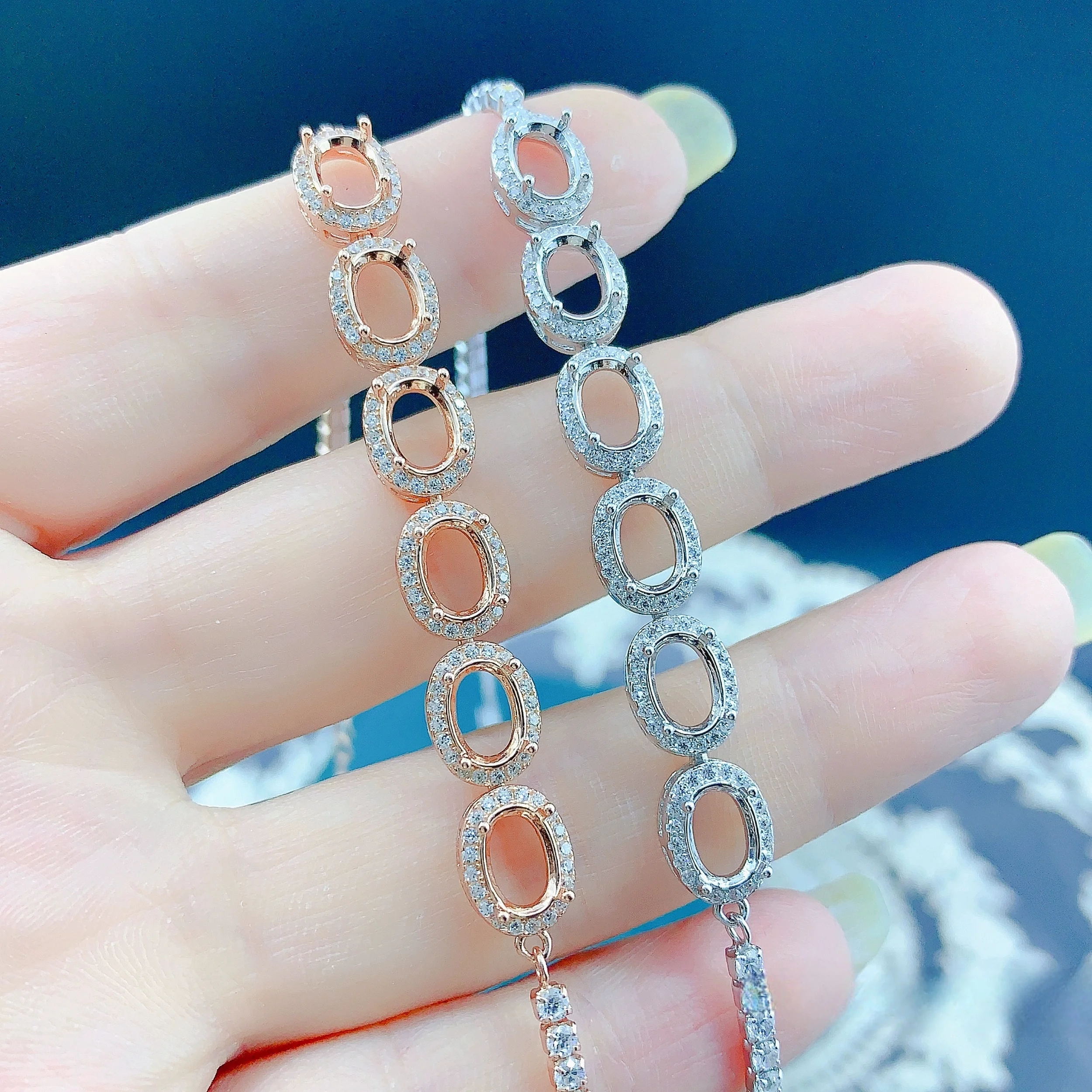 S925 Sterling Silver Inlay 5*7mm Elliptic Gem Bracelet for Women Empty Support DIY Fashionable and Versatile Jewelry Accessory