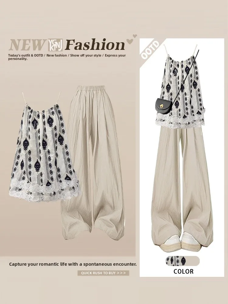 

Ретро-модный комплект из двух предметов: топ с кружевными цветочными вставками и широкие брюки, женский повседневный костюм с круглым вырезом и короткими рукавами