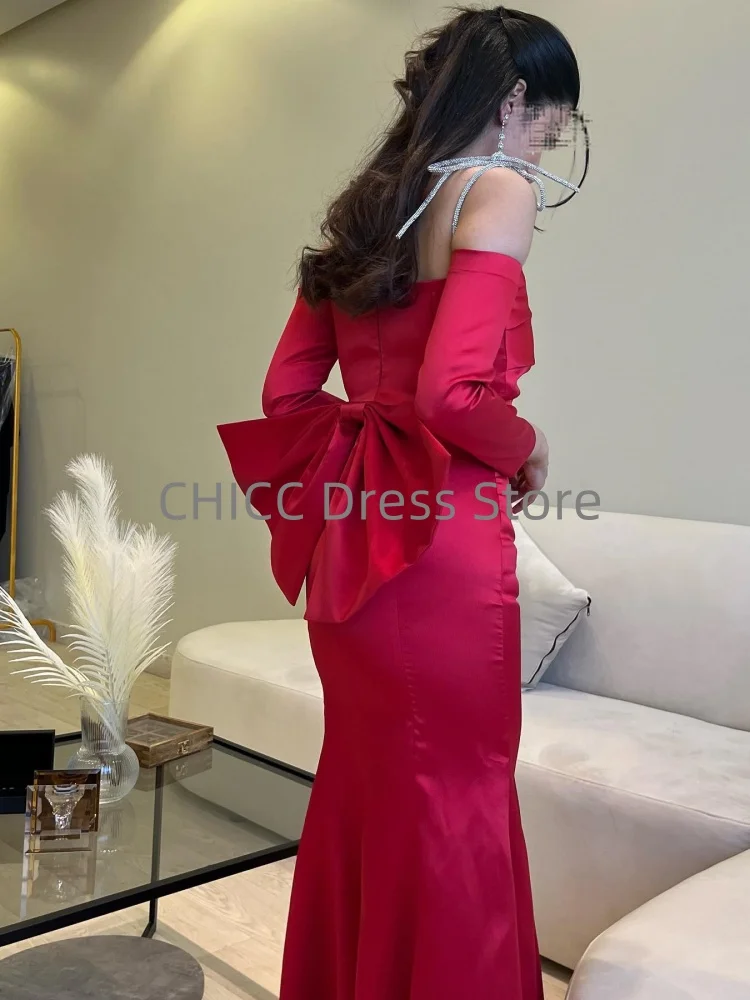 Abiti da sera eleganti Abiti da ballo rossi a sirena con scollo all'americana senza spalline Fiocco drappeggiato per abito formale فساتmaveraPersonalizzato