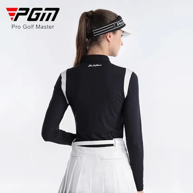 PGM Women Patchwork Golf Shirt Ladies Stripe Long Sleeve T-shirt Women Slim Zipper Collar Tops Elastic Breathable Sportswear