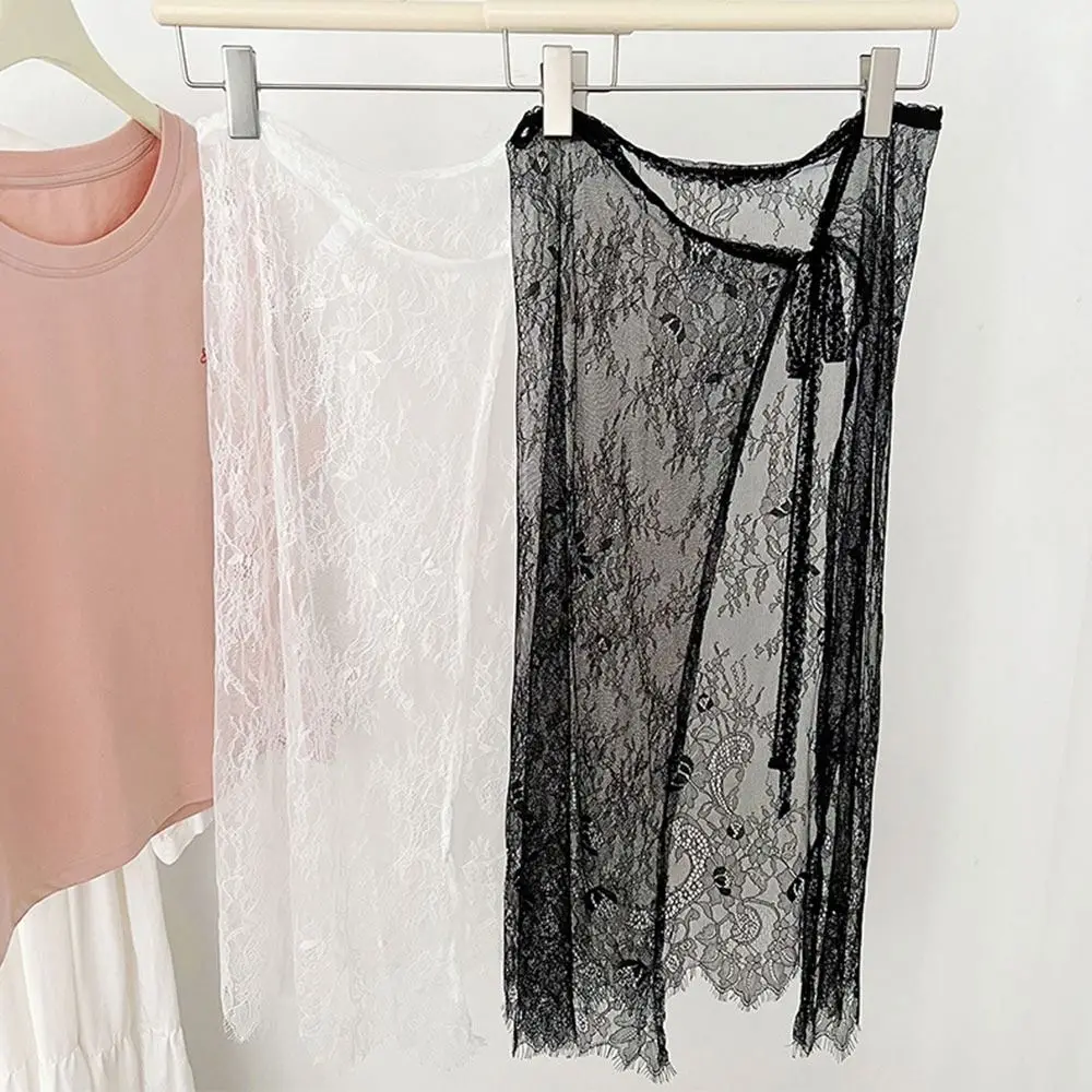 

High Waist Lace Midi Skirt Embroidered Flower See Through Lace Drawstring Skirt Harajuku Y2K Streetwear