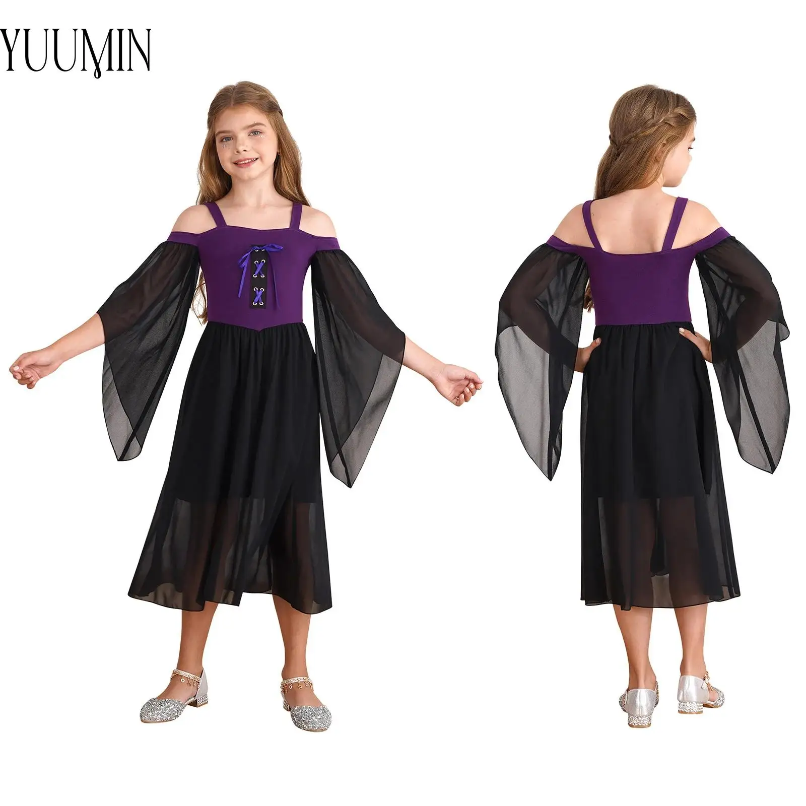 

Girls Halloween Medieval Renaissance Gothic Dress Butterfly Sleeve Lace Up Front Flowy Dress for Cosplay Dress Up Performance