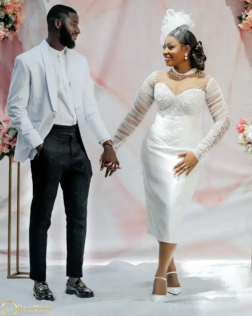 Customized African Short Wedding Dress For Bride Bridal Gowns Illusion High Neck Long Sleeves Beaded Pearls Lace Satin Bride