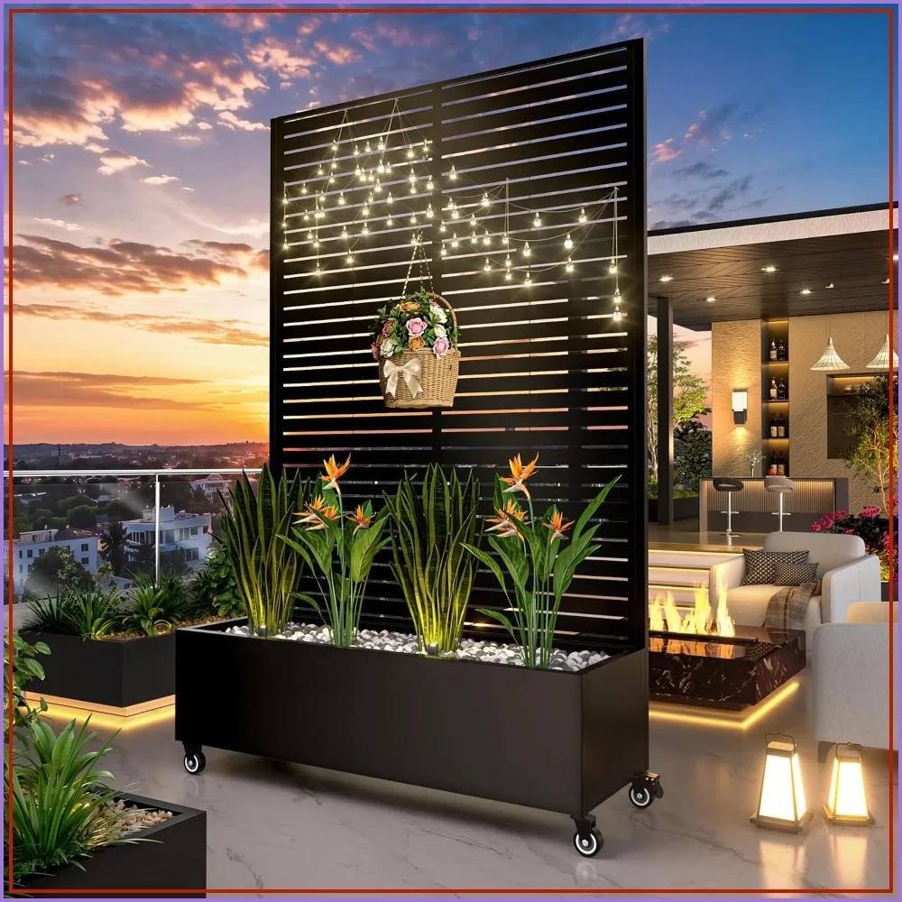 Metal Raised Garden Bed with Trellis 72x47x16 Galvanized Planter Box Privacy Screen Lockable Casters