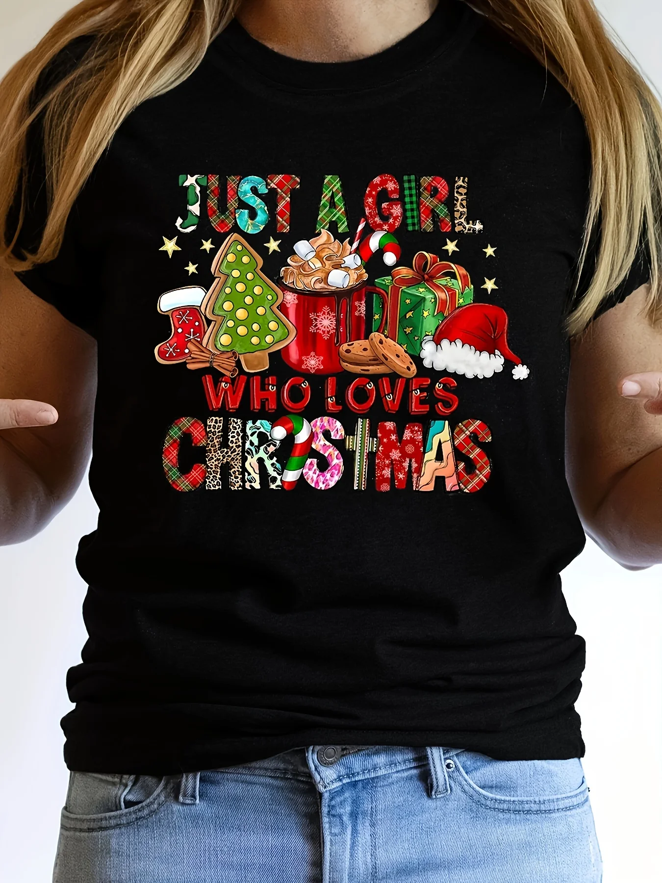 

Women's Christmas "Just a Person Who Loves Christmas" Pattern T-Shirt - Black Casual Holiday Top with Gingerbread, Candy Canes