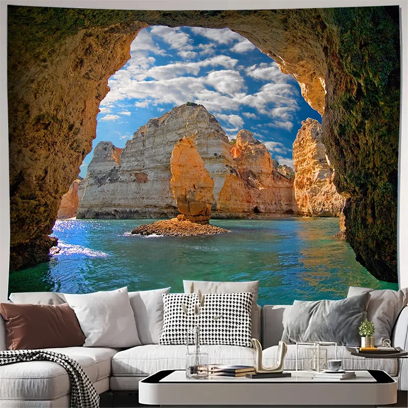 Sea Cave View with Azure Water and Limestone Cliffs Coastal Scenery Wall Tapestry Machine Washable All Season Decor Print Home