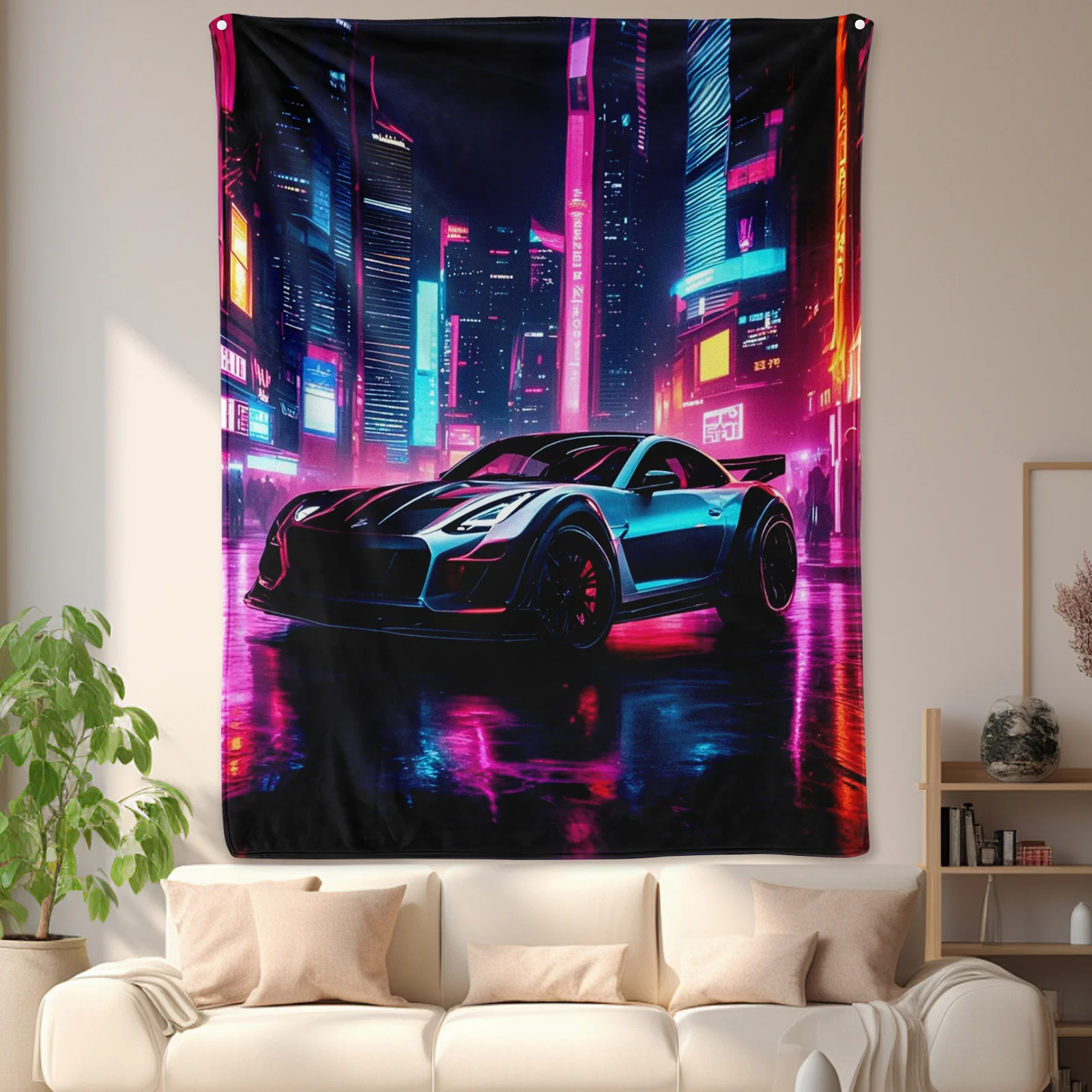 Cyberpunk Car And Street Themed Blanket With Purple Design For Unique And Futuristic Tech Inspired Home Decor Style