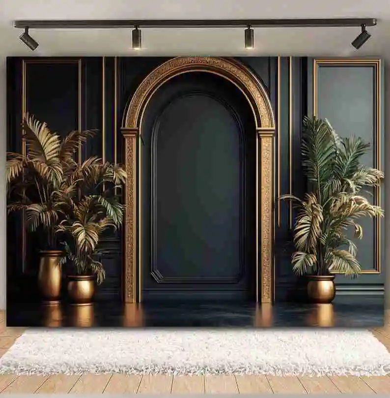 الذهب الأسود الفاخرة أوروبا جدار التصوير خلفية قوس الباب الإطار اناء للزهور الكبار عيد ميلاد الزفاف صورة خلفية الصورة