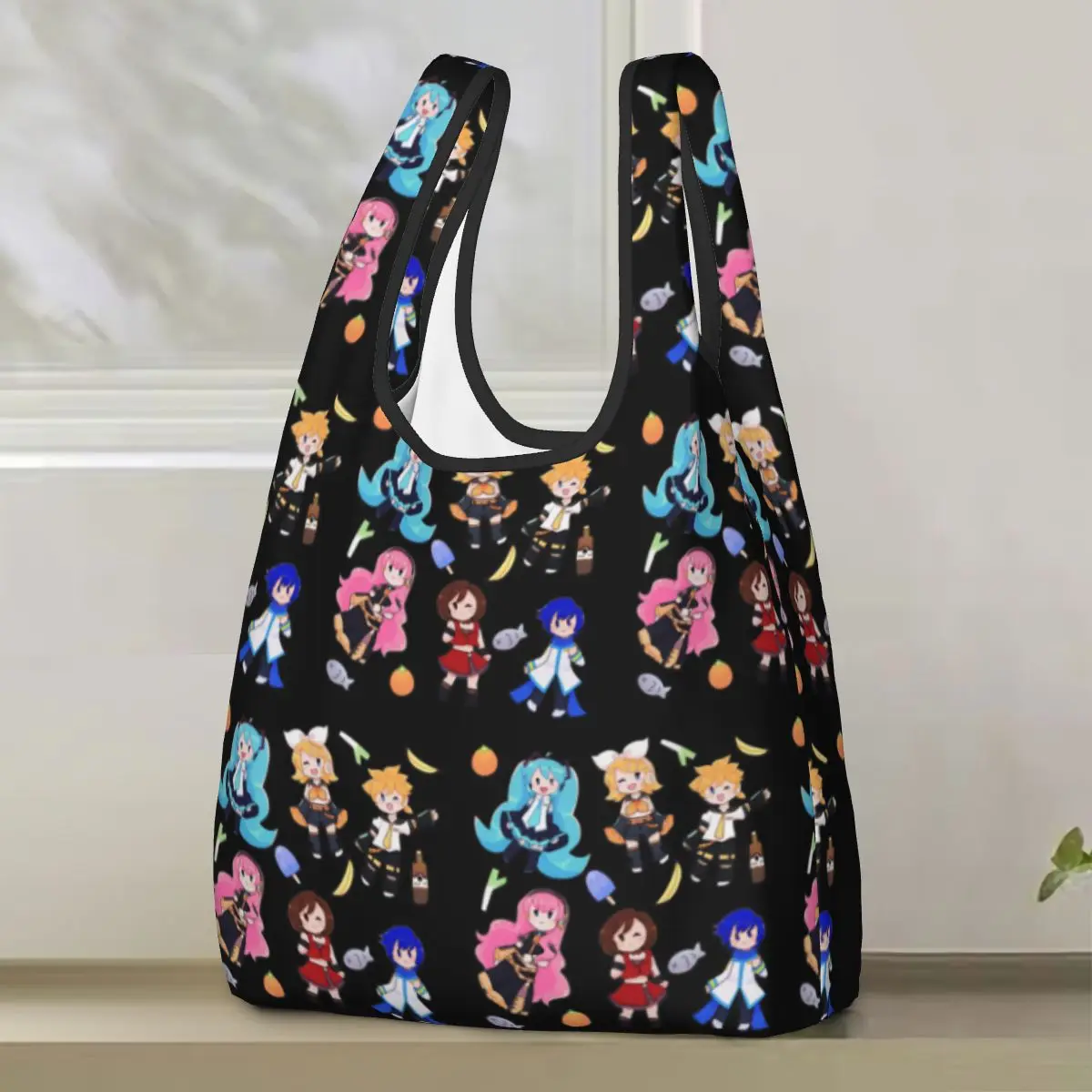 ボーカロイドちびカオス！-ミク-ショッピングバッグ-ポータブルトートバッグ-再利用可能なショルダーショッパーバッグ-食料品ハンドバッグ