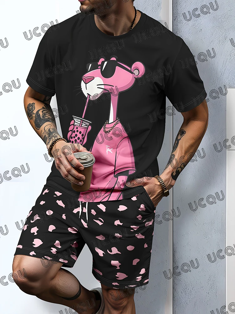 2026 الصيف الرجال رياضية الكرتون الوردي النمر طباعة قصيرة الأكمام قميص + السراويل مجموعات عارضة المنزل دعوى زوجين 2 قطعة وتتسابق #3