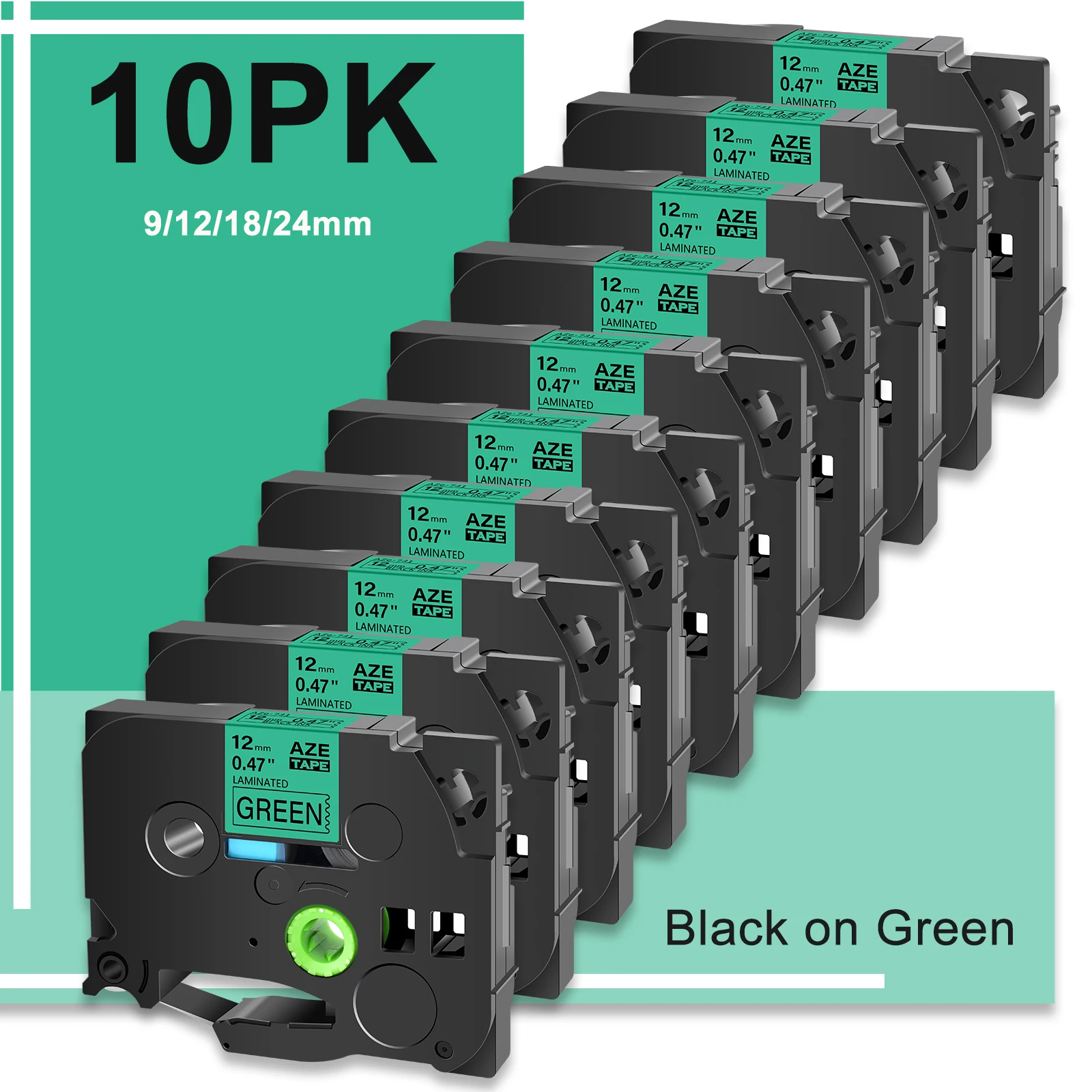 CRUXER 10PK Black on Green Label Compatible for Brother TZe 531 9/12/18/24mm Laminated Ribbon Tape for P-Touch PT-1010 Printers