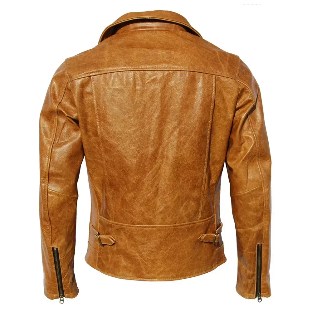 Men Genuine Leather Jacket Oil Waxed Cowhide Coat Soft Burgundy Natural Sheepskin Biker Style Male Clothing Spring Autumn M003