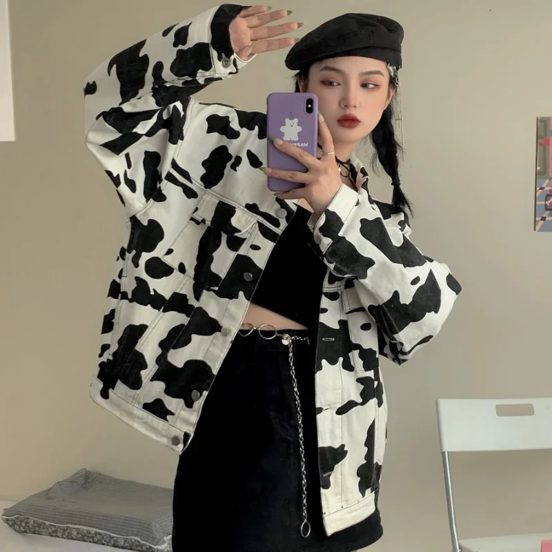 2023 Harajuku Streetwear Cow Print Cropped Female Jacket Casual Buttons Coat Women Cardigan Spring Autumn Jackets Outwear New