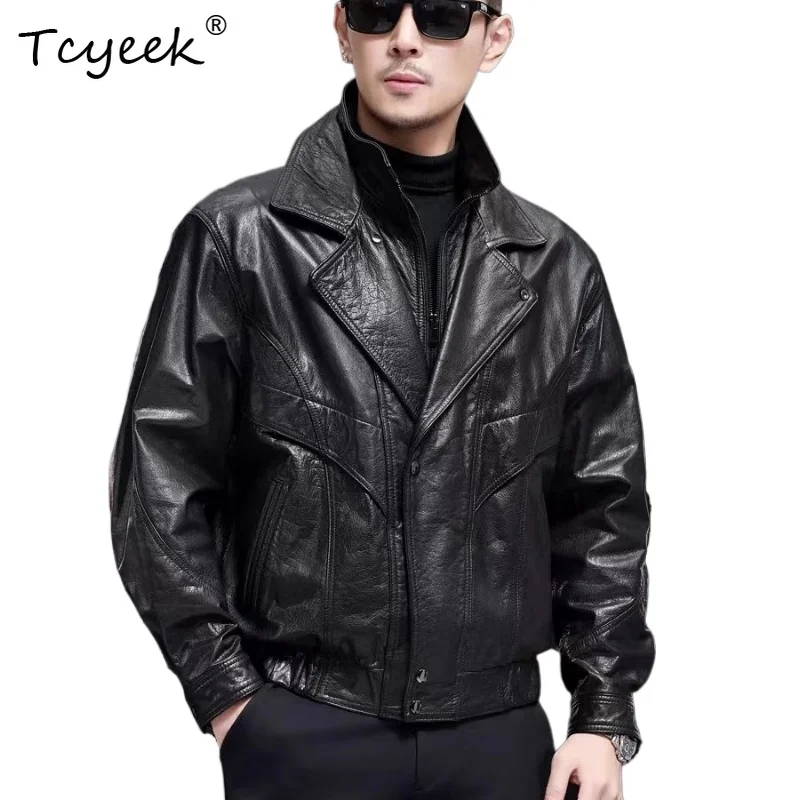 

Tcyeek Top Layer Cowskin Autumn Winter Trendy Stand Collar Black Short Men's Genuine Leather Jacket Chaqueta Cuero Hombre 가죽 자켓