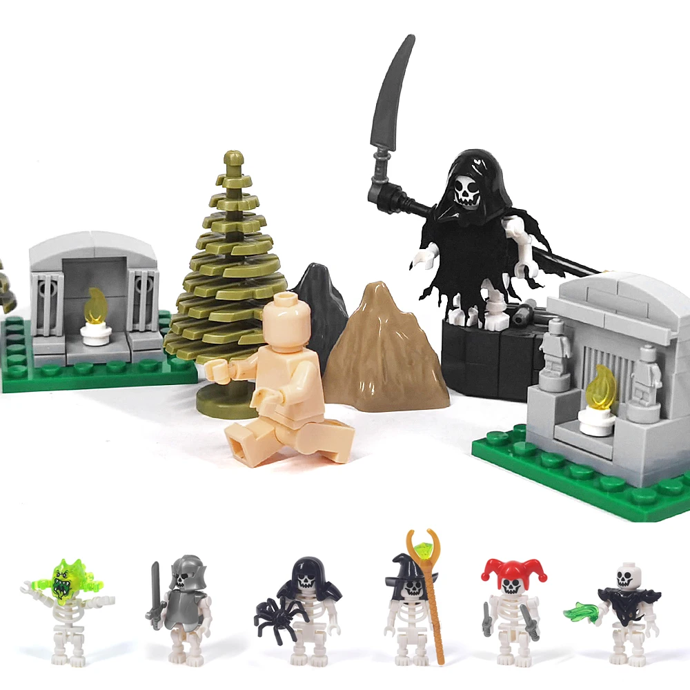 MOC bouwsteenmodellen, angstaanjagende Halloween skelet soldaten, Death Reaper zeis, vlam skelet paard, kindercadeaus